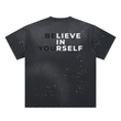 Load image into Gallery viewer, Men signature “believe in yourself” Hand-Frayed Sunfade Paint Splatter T-Shirt
